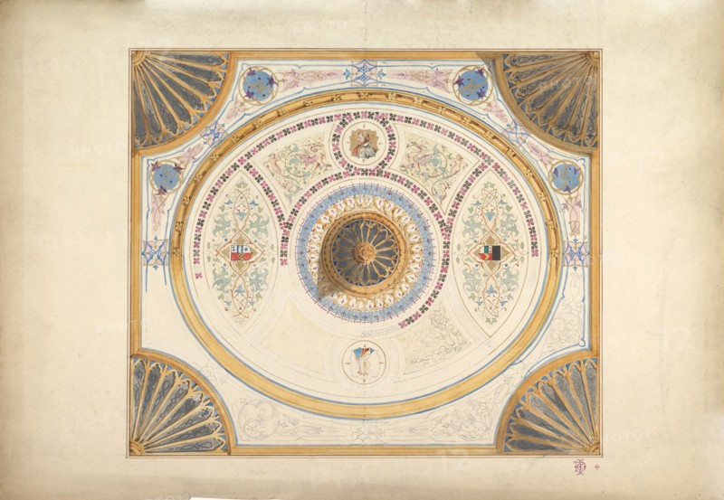 Design for Ceiling with Two Portraits and Fan Supports at Corners, 19th century.