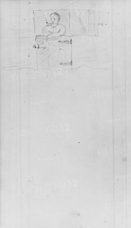 Man with Pipe Standing Behind (Barn) Door (from Sketchbook), .