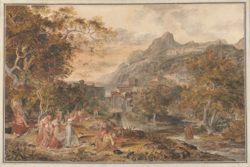 View of Vietri with Young Country Women Dancing for Shepherds in the Foreground, 1800.