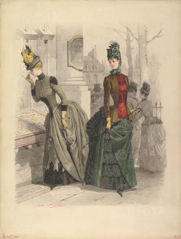Two Women in Day Dresses: Preparatory drawing for a fashion plate from Le Moniteur de la Mode, October 19, 1886.