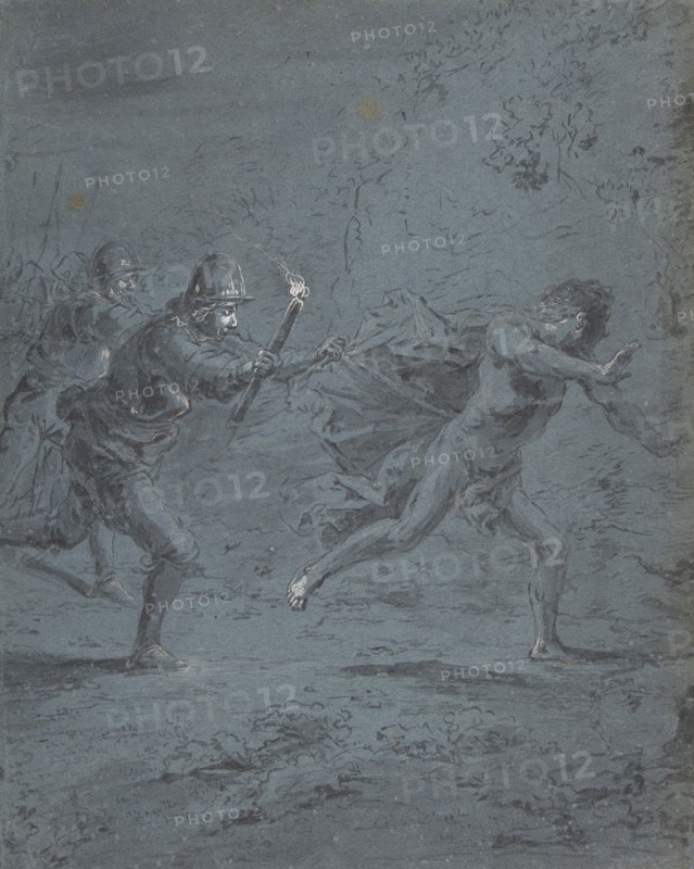 Night scene with soldiers chasing a fugitive (Mark XIV, 5-52), 1611-74.