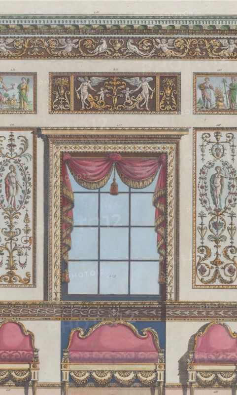 Interior Ornamented Wall with Window and Furniture, nos. 411-424 ("Designs for Various Ornaments," pl. 64), February 15, 1792.