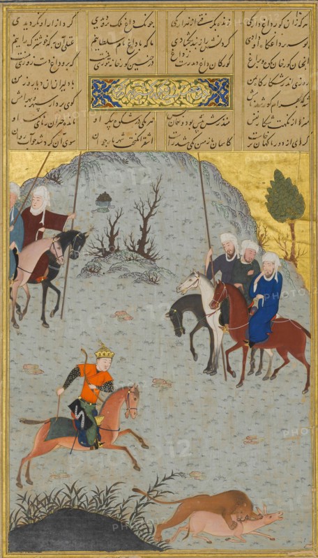 Bahram Gur on the Chase, Folio 10r from a Haft Paikar (Seven Portraits) of the Khamsa (Quintet) of Nizami, ca. 1430.