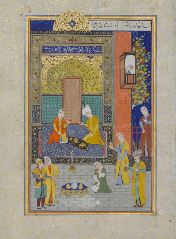 Bahram Gur in the Yellow Palace on Sunday, Folio 213 from a Khamsa (Quintet) of Nizami, A.H. 931/A.D. 1524-25.