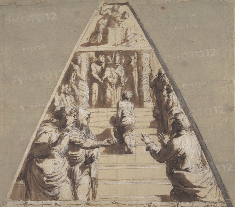 Presentation of the Virgin in the Temple (below), Abraham about to Sacrifice Isaac (above), 1520.