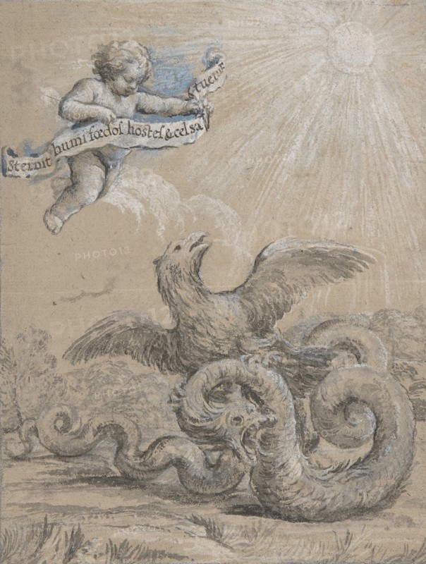 Design with an Eagle Fighting with a Serpent and a Putto in the Sky Holding an Inscribed Banner., 17th century.