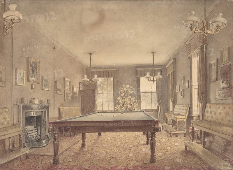 Interior of the billiard room at Lupton House, Devonshire, designed by George Wightwick for Sir J.B.Y. Buller, 1838.