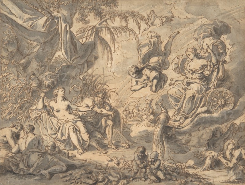 Juno on Her Chariot VIsiting a Young Woman and a Rivergod, late 17th-mid 18th century.