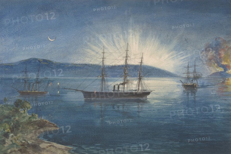 The Bay of Bull Arms, Trinity Bay, Newfoundland, Bonfires Lighted on the Hills to Notify of the Arrival of the Cable Fleet on August 5th, 1858, 1865-66.