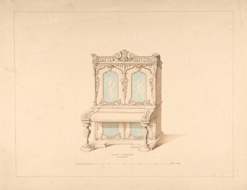 Design for Cabinet Pianoforte, Arabesque Style, 1835-1900.