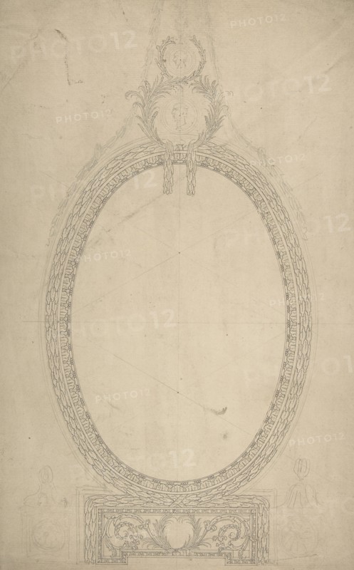 Design for a Girandole Mirror, an Oval Resting on an Oblong Base, Terminated by Two Superimposed Circular Frond-motifs, Topped with a Lion's Head from Which Hang Floral Swags and Pendants, ca. 1775.