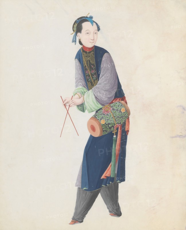 Watercolour of musician playing drum, late 18th century.