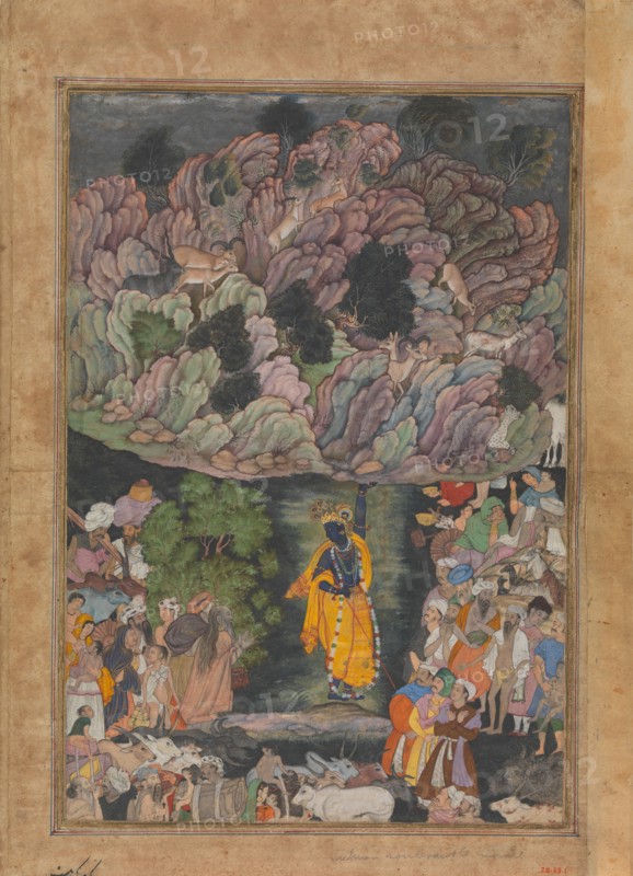 Krishna Holds Up Mount Govardhan to Shelter the Villagers of Braj, Folio from a Harivamsa (The Legend of Hari (Krishna)), ca. 1590-95.