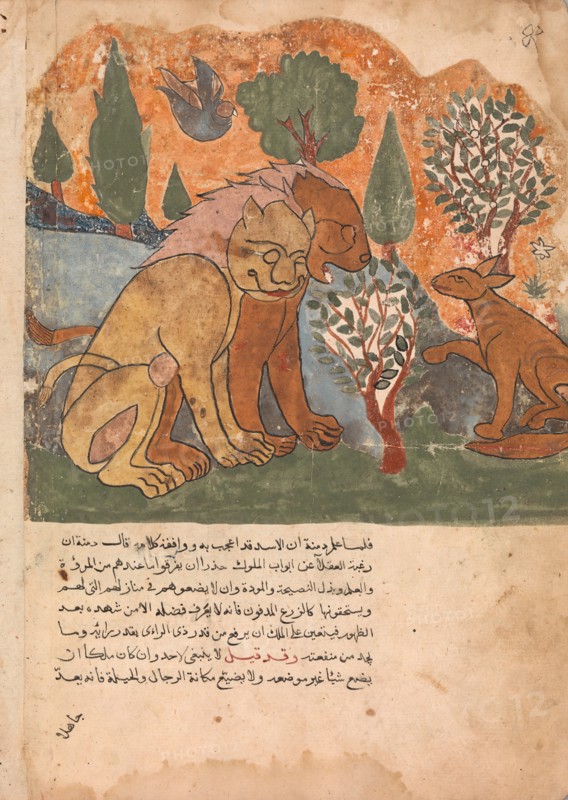 The Lion king, With his Mother, Receives Dimna, Folio from a Kalila wa Dimna, 18th century.