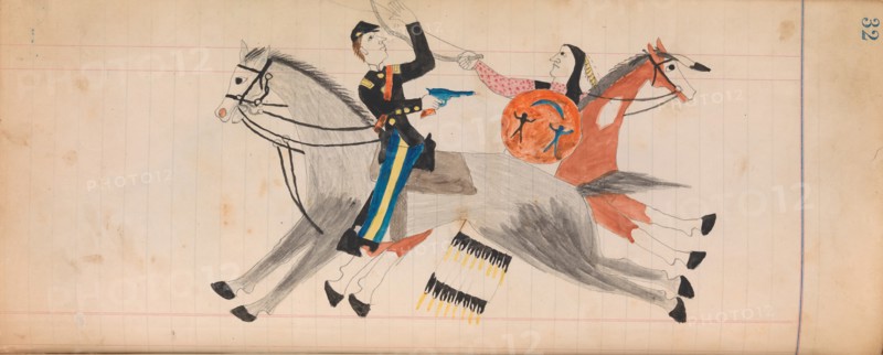 Maffet Ledger: Indian and soldier on horseback, ca. 1874-81.