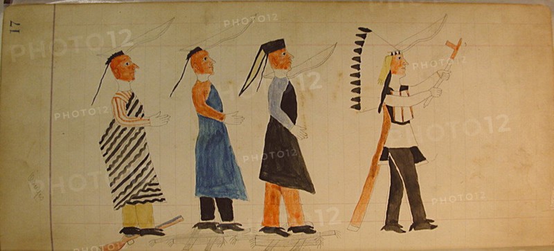 Maffet Ledger: Three indians following a chief, ca. 1874-81.
