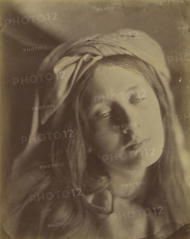 Beatrice, 1866. The model (May Prinsep) has her hair loose with a turban at the top of her head. Cameron based the model?s pose, drapery and sad expression on a painting attributed to Guido Reni that was famous at the time. The subject is the 16th-century Italian noblewoman Beatrice Cenci, executed for arranging the murder of her abusive father.
