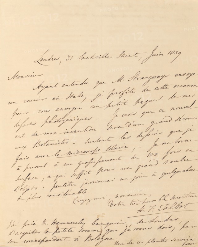 [Manuscript Letter from W. H. Fox Talbot to Antonio Bertoloni], 1839.