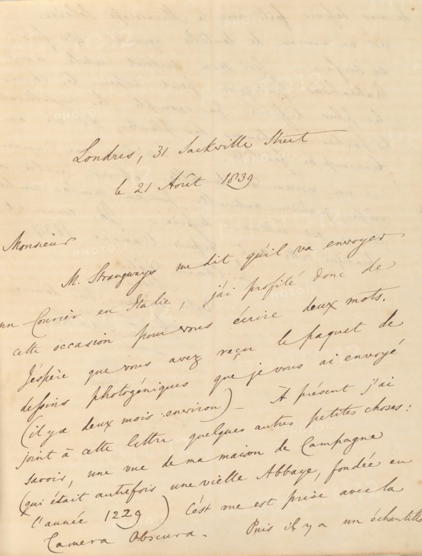 [Manuscript Letter from W. H. Fox Talbot to Antonio Bertoloni], 1839.