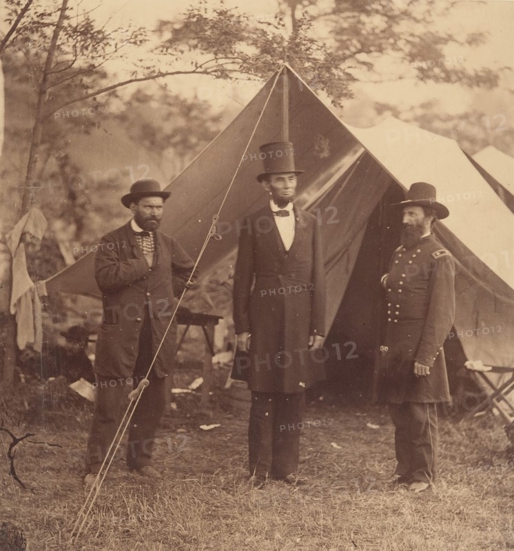 [President Abraham Lincoln, Major General John A. McClernand (right), and E. J. Allen (Allan Pinkerton, left), Chief of the Secret Service of the United States, at Secret Service Department, Headquarters Army of the Potomac, near Antietam, Maryland], October 3, 1862.