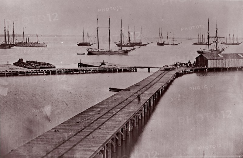 [Wharves on the James River, City Point]. Brady album, p. 10, 1861-65. Formerly attributed to Mathew B. Brady.