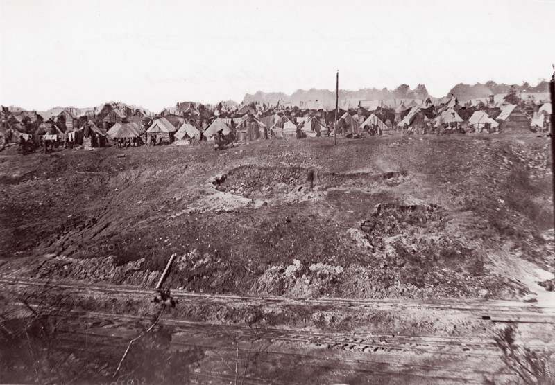 Camp of Construction Corps, U.S. Military Railroad at City Point, 1861-65. Formerly attributed to Mathew B. Brady.