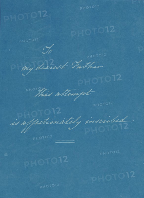 [Dedication Page 1] from Photographs of British Algae: Cyanotype Impressions, ca. 1853. A dedication to Anna Atkins' father, John George Children, a renowned chemist, mineralogist, and zoologist. He was also the first Keeper of the Department of Natural History and Modern Curiosities at the newly established British Museum.
