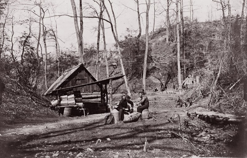 [A Union Station on the James River Established for Extracting Gunpowder from Confederate Torpedoes], 1864. Formerly attributed to Mathew B. Brady, Andrew Joseph Russell.