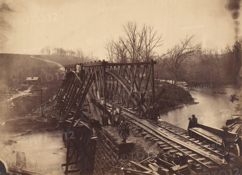 Part of Construction Corps Building New Military Truss Bridge Across Bull Run, April 1863.