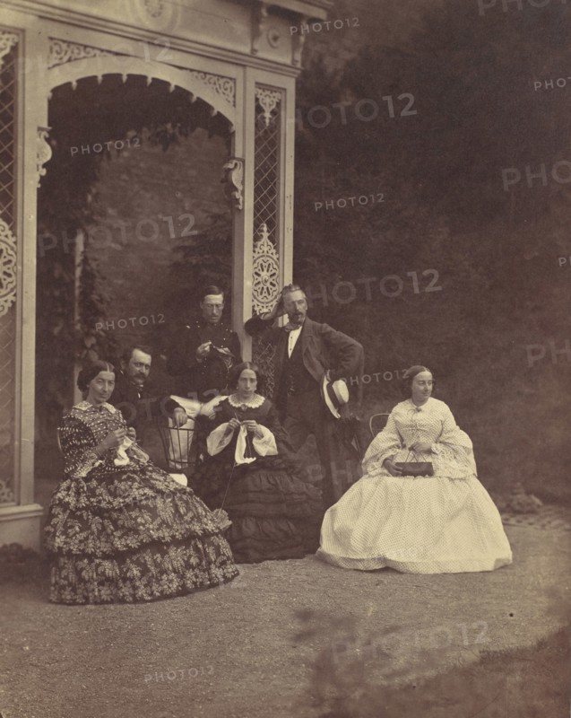 [Portrait of Three Women and Men in a Garden], 1850s-60s.