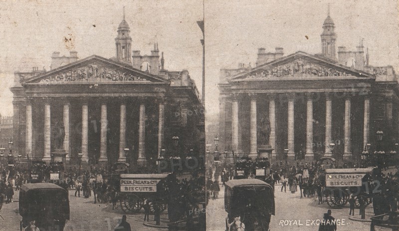 Pair of Stereograph Views of the Royal Exchange, London, England, 1850s-1910s.
