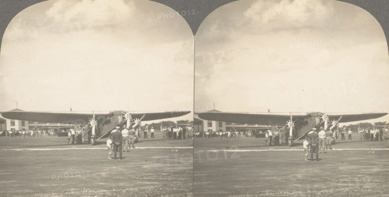 Group of 3 Sterograph Views of Aviation, including the Wright Brothers, 1900-1929. ('All Aboard! Giant Plane at Columbus, Ohio, on First Air-Rail Trip, New York to Los Angeles, July 2, 1929).