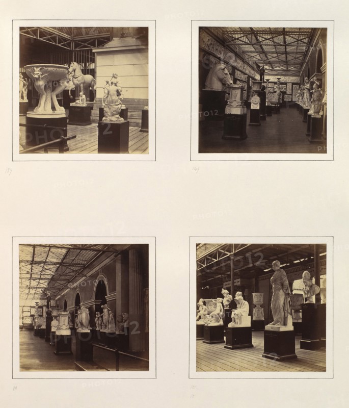 [Sculptures in Roman Court; Sacrificial Altar; Greek Sculpture Gallery; Statues in Greek and Roman Sculpture Court], ca. 1859.