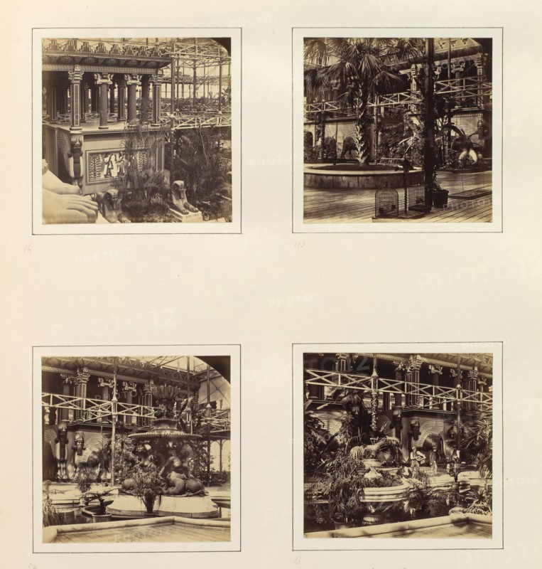 [Elevated View of Egyptian Court; Ninevah Court; Monti's Fountain, and Nineveh Court; Assyrian Court with Workers], ca. 1859.