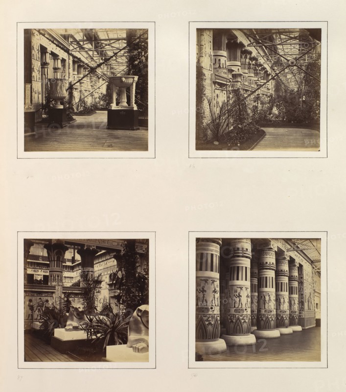 [Egyptian Court, Eastern Wall of Principal Court; Egyptian Court, Principal Facade towards the Nave; Lions in the Egyptian Court; [Colonnade Adorned with Egyptian Paintings], ca. 1859.