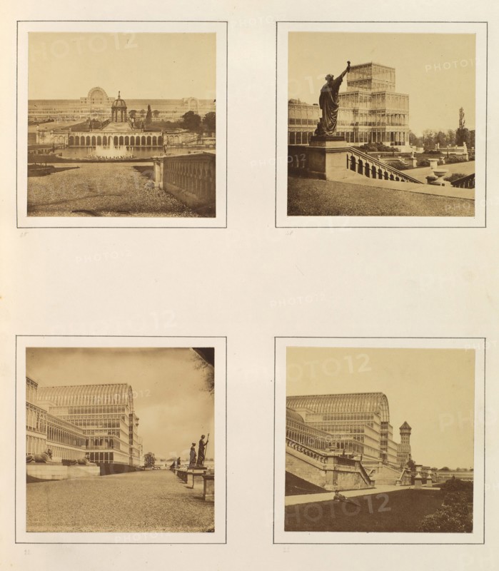 [Exterior View of Facade and Fountains; Exterior View of Side Pavilion; Exterior Side View of Central Transept; Exterior Side View of Central Trancept with Reclining Figure in Foreground], ca. 1859.