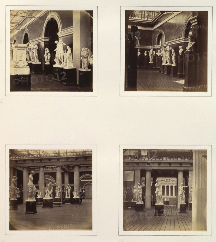 [Sculpture Court Flanked by Torso of Marsyas and Sacrificial Altar; Sculpture Court with Bust of Caracalla; Greek Court with Sculptures of Mercury, Faun, and Ariadne; Roman Court with Three Sculptures of Venus], ca. 1859.