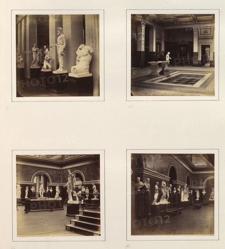 [Greek Court with Farnese Torso of a Youth; View of a Classical Fountain and Pool; Roman Gallery with Apollo Belvedere and Model of the Roman Forum; Roman Sculpture Court], ca. 1859.
