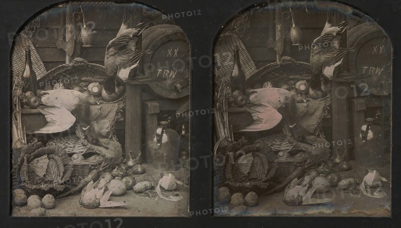 Stereograph Still-life of Fowl with Initialed Barrel and Root Vegetables, 1850s.