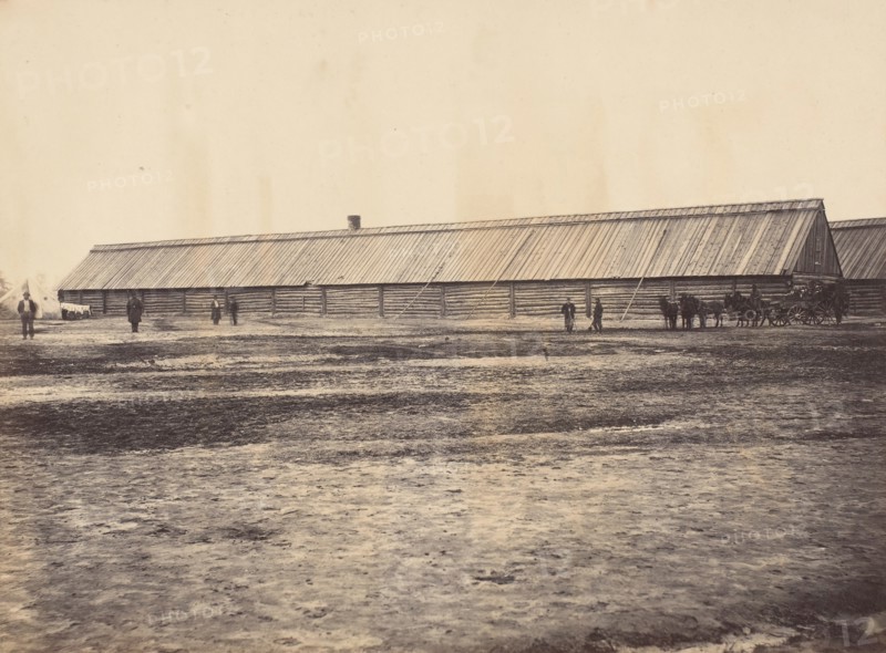 Civil War View, 1860s. (Section of logs Hospital Point Rocks Virginia).