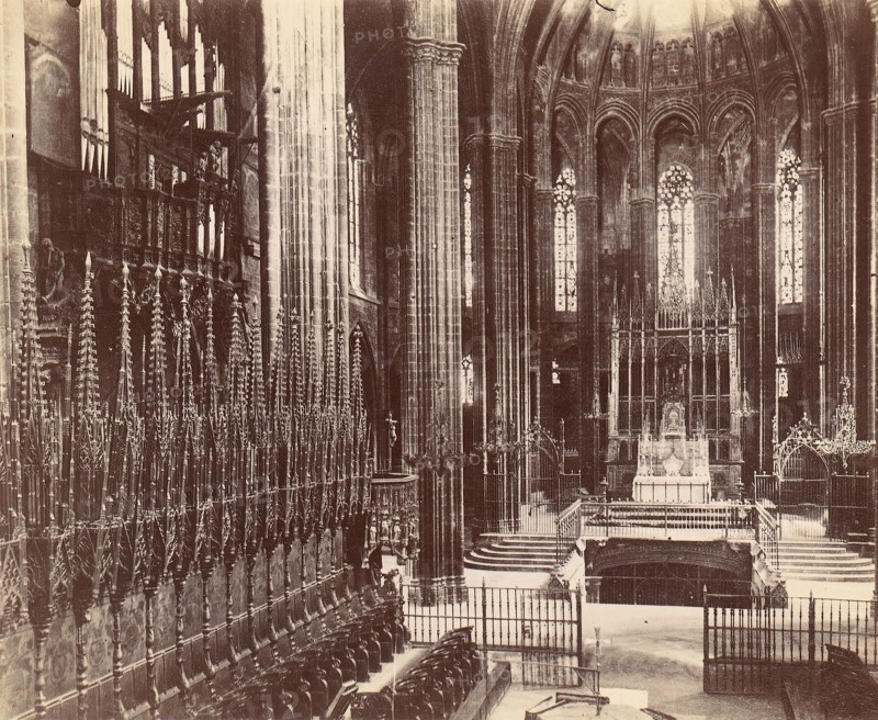 Cathderal of Barcelona, 1880s-90s. The Cathedral of the Holy Cross and Saint Eulalia is the Gothic cathedral and seat of the Archbishop of Barcelona, Catalonia, Spain.