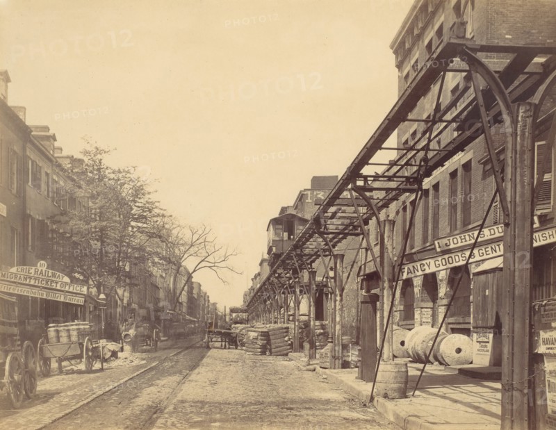Greenwich Street, New York City, with Office of Erie Railway, 1870s.