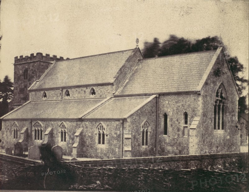 St. Cyriac Church at Lacock Abbey, Ghost Figure of Man in a Top Hat in Foreground, 1850s.
