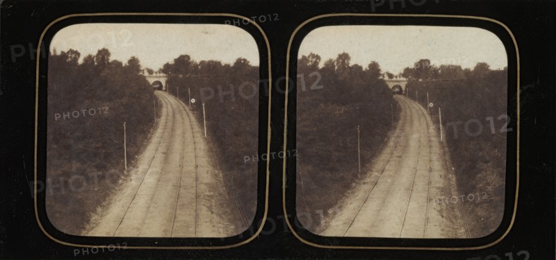 [Stereographic View of Paris-Lyon Railroad Tracks with "Ghost" Train Visible When Viewed by Transmitted Light], ca. 1860.
