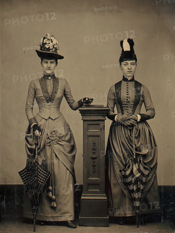 Studio Portrait of Two Women Holding Folded Parasols, ca. 1885.