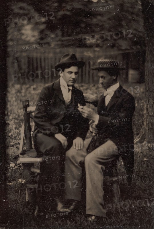 Two Men Seated on a Bench, One with His Hand on the Leg of the Other, 1870s-80s.