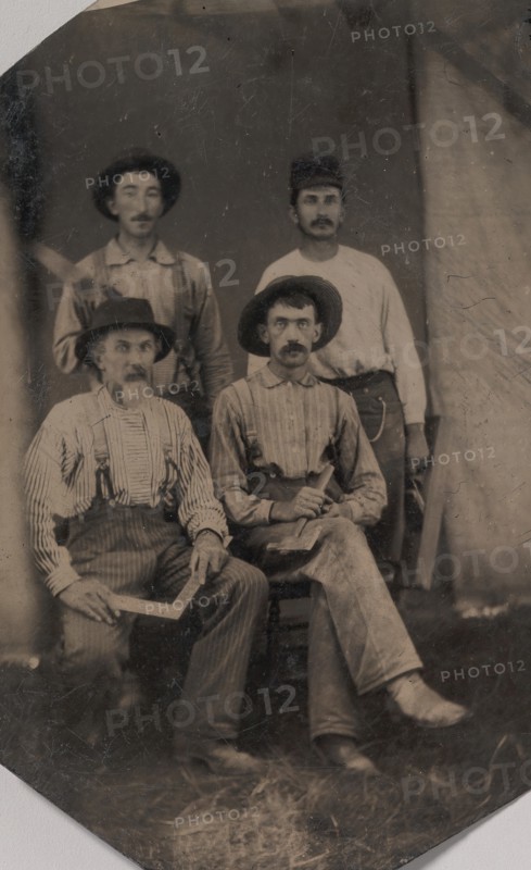 Four Workmen Holding Different Tools: Square, Hatchet, Wood Plane, and Trowel, 1860s-70s.