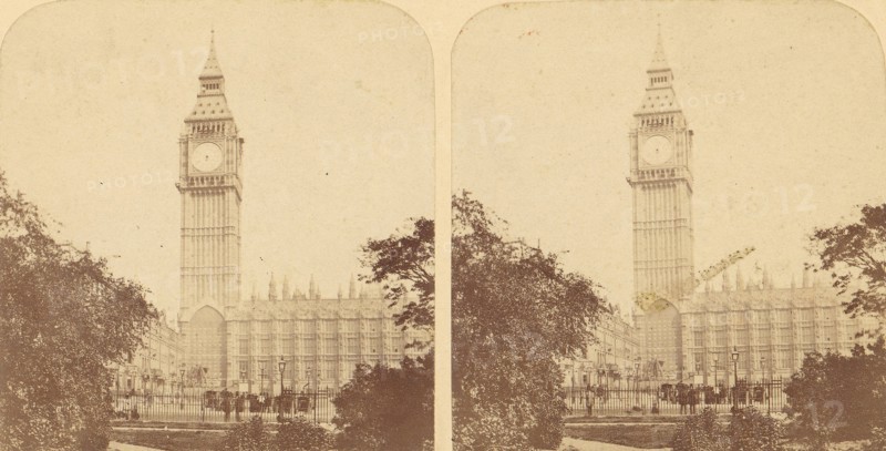 Pair of Early Stereograph Views of London, England, 1850s-70s. [New Houses of Parliament. The Clock Tower].