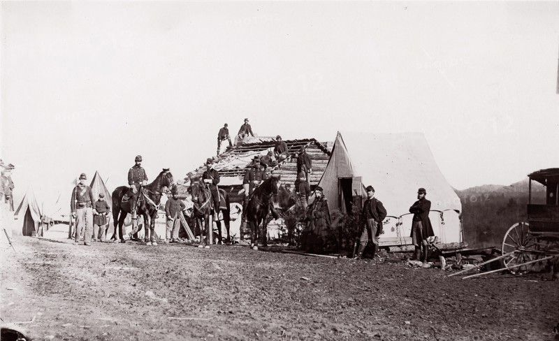 Building Winter Quarters, 1861-65. Formerly attributed to Mathew B. Brady.