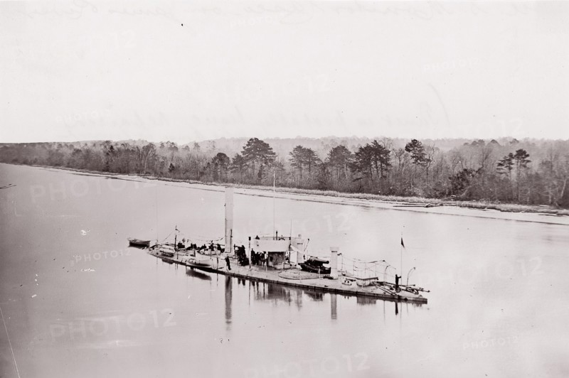 U.S. Monitor "Casco" on James River, taken from a lookout tower on bank., 1861-65. Formerly attributed to Mathew B. Brady.